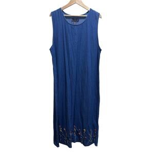 VTG 90's Life Style Plus Maxi Dress 2X Blue Denim Sleeveless Embroidery Floral